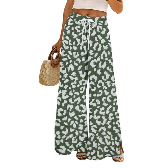 WTOBBY Women's Floral Print Wide Leg Pants with Deep Pockets, High Waist Drawstring Comfort Trousers for Casual and Outdoor Wear,Dark Green L