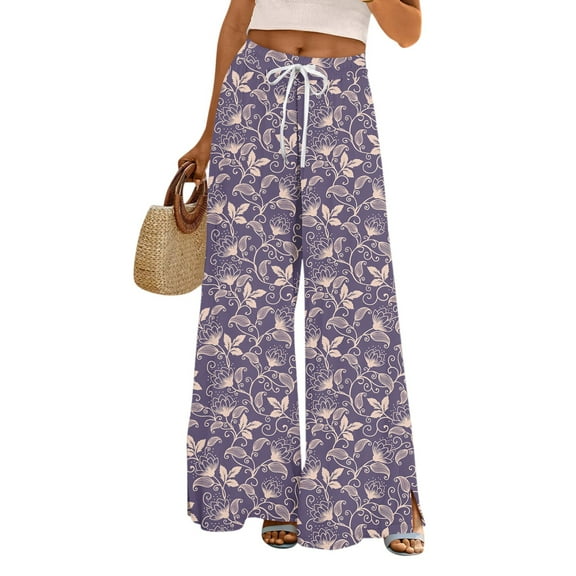 WTOBBY Women's Floral Print Wide Leg Pants with Deep Pockets, High Waist Drawstring Comfort Trousers for Casual and Outdoor Wear,Purple L