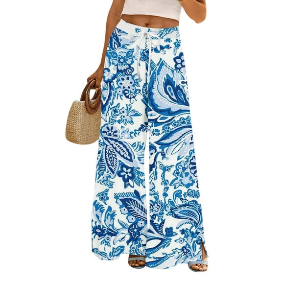 WTOBBY Women's Floral Print Wide Leg Pants with Deep Pockets, High Waist Drawstring Comfort Trousers for Casual and Outdoor Wear,Royal Blue L