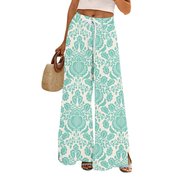 WTOBBY Women's Floral Print Wide Leg Pants with Deep Pockets, High Waist Drawstring Comfort Trousers for Casual and Outdoor Wear,Turquoise L