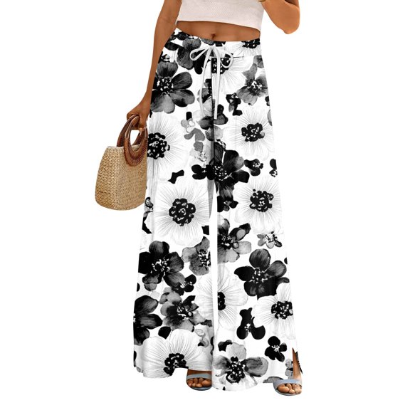 WTOBBY Women's Floral Print Wide Leg Pants with High Waist Drawstring Loose Casual Design and Side Pockets for Comfortable Summer Wear ,Dark Gray M
