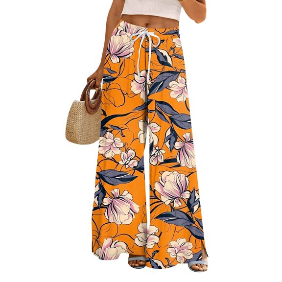WTOBBY Women's Floral Print Wide Leg Pants with High Waist Drawstring Loose Casual Design and Side Pockets for Comfortable Summer Wear ,Orange S