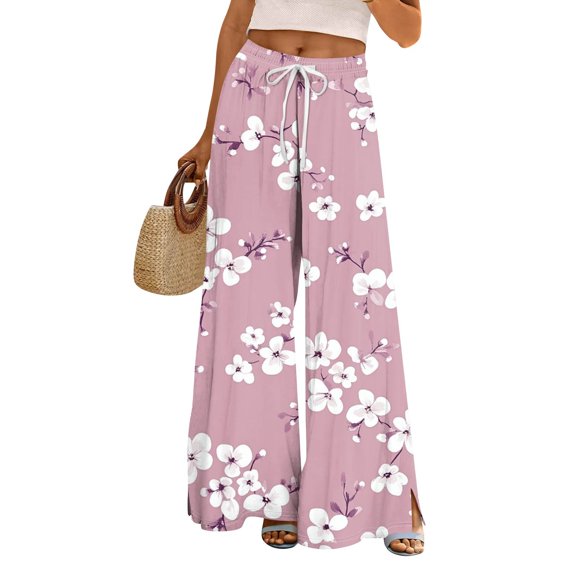 WTOBBY Women's Floral Print Wide Leg Pants with High Waist Drawstring Loose Casual Design and Side Pockets for Comfortable Summer Wear ,Pink M