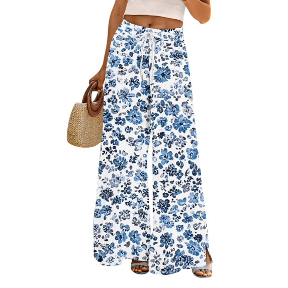 WTOBBY Women's Floral Print Wide Leg Pants with High Waist Drawstring Loose Casual Trousers and Convenient Pockets for Comfortable Fit ,Blue L