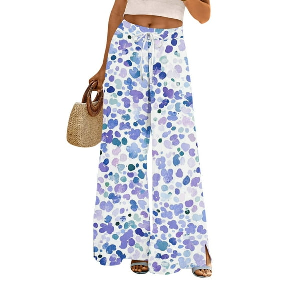 WTOBBY Women's Floral Print Wide Leg Pants with High Waist Drawstring Loose Casual Trousers and Convenient Pockets for Comfortable Fit ,Cyan 2XL