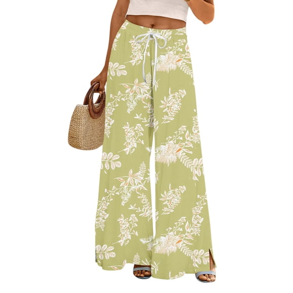 WTOBBY Women's Floral Print Wide Leg Pants with High Waist Drawstring Loose Casual Trousers and Convenient Pockets for Comfortable Fit ,Purple 2XL