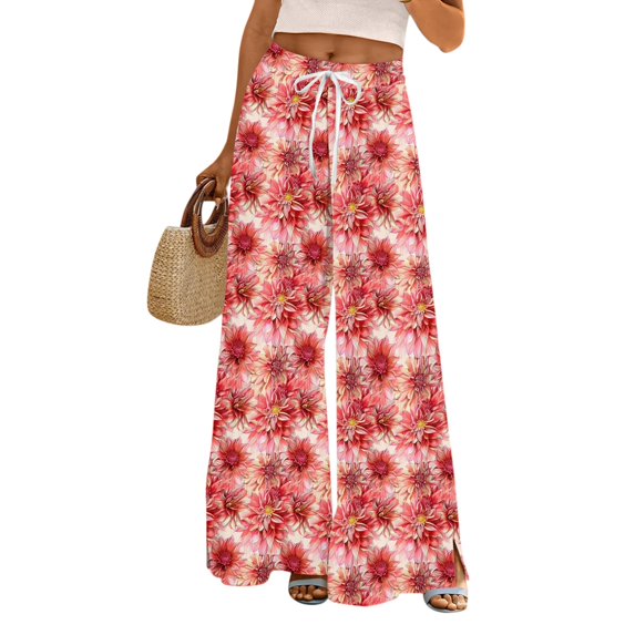 WTOBBY Women's Floral Print Wide Leg Pants with High Waist Drawstring Loose Casual Trousers and Convenient Pockets for Comfortable Fit ,Red S