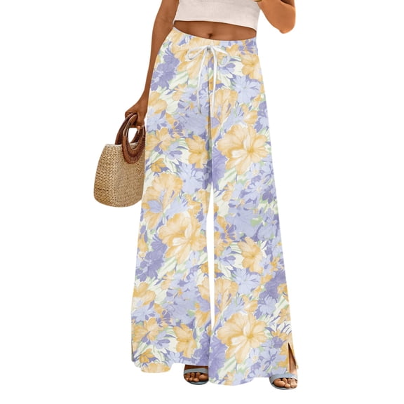 WTOBBY Women's Floral Print Wide Leg Pants with High Waist Drawstring Loose Casual Trousers and Convenient Pockets for Comfortable Fit ,Yellow 2XL