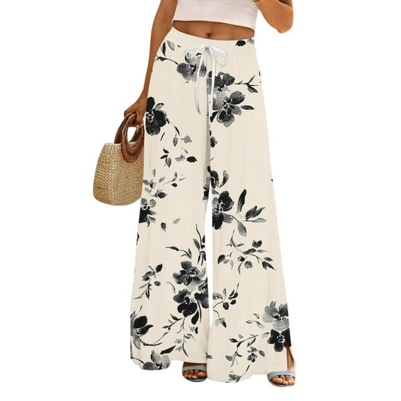 WTOBBY Women's Floral Print Wide Leg Pants with Pockets, High Waist Drawstring Loose Casual Trousers for Spring and Summer Season,Beige L