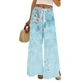 thumbnail image 1 of WTOBBY Women's Floral Print Wide Leg Pants with Pockets, High Waist Drawstring Loose Casual Trousers for Spring and Summer Season,Sky Blue 2XL, 1 of 6