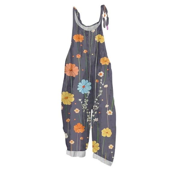 WTOBBY Women's Floral Printed One-Piece Pants Jumpsuit, Casual Loose Fit with Retro Straps in Cotton and Linen Blend, Perfect for Comfortable Fashion,BlueS