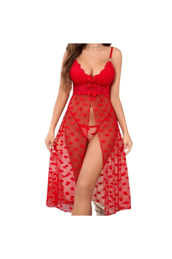 Women's Floral Sheer Maxi Nightgown, Long Sleeve Mesh Gown with Thigh Slit, Wrap V-Neck Design, Lightweight Loungewear for Women ,Red 2XL