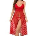 thumbnail image 1 of WTOBBY Women's Floral Sheer Maxi Nightgown, Long Sleeve Mesh Gown with Thigh Slit, Wrap V-Neck Design, Lightweight Loungewear for Women ,Red L, 1 of 5