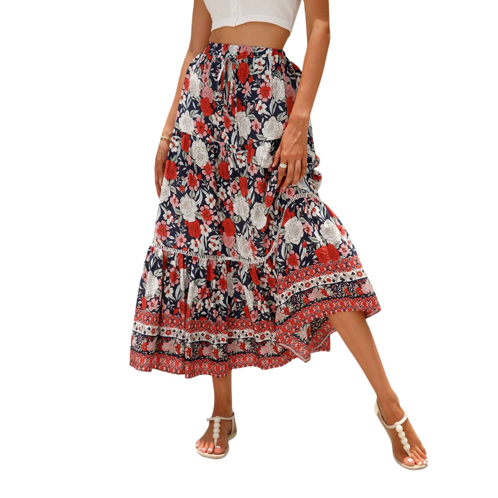 Summer Cottage Lace Trim Maxi Skirt Red Check main image 0