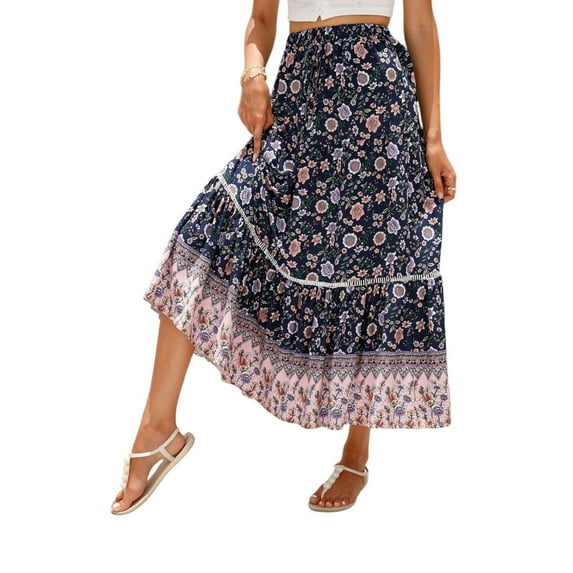 WTOBBY Women's Floral Smocked Maxi Skirt with Lace Trim and Bohemian Style, Summer Beach A-Line Pleated Long Skirt Tube Dress, Casual Wear for Vacation and Outdoor Activities,Dark Blue XL