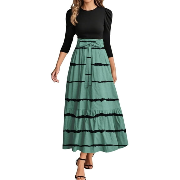 WTOBBY Women's Floral Stitching Belted Round Neck 3/4 Sleeve Dress, Fashion Casual Midi Dress with Elegant Details for Various Occasions,Green S