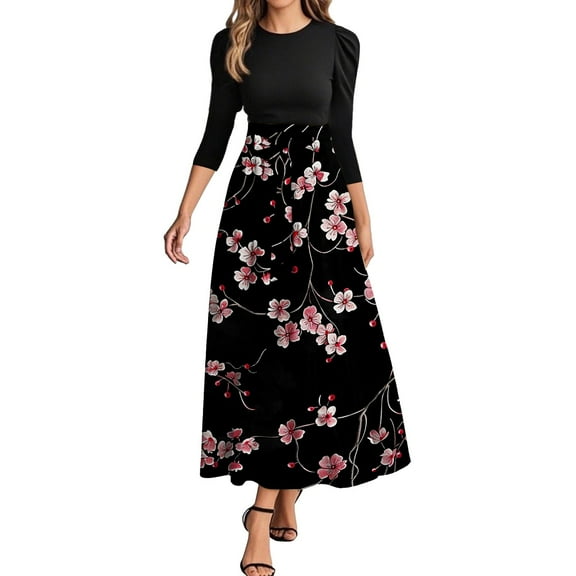 WTOBBY Women's Floral Stitching Belted Round Neck 3/4 Sleeve Dress, Fashion Casual Midi Dress with Elegant Details for Various Occasions,Hot Pink S