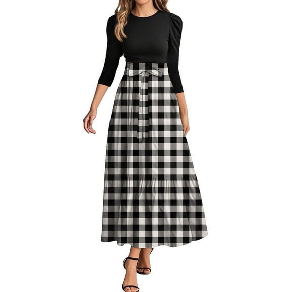 WTOBBY Women's Floral Stitching Belted Round Neck 3/4 Sleeve Dress, Fashion Casual Midi Dress with Elegant Details for Various Occasions,Light Gray L