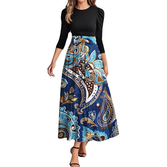 WTOBBY Women's Floral Stitching Belted Round Neck 3/4 Sleeve Dress, Fashion Casual Midi Dress with Elegant Details for Various Occasions,Multicolor L
