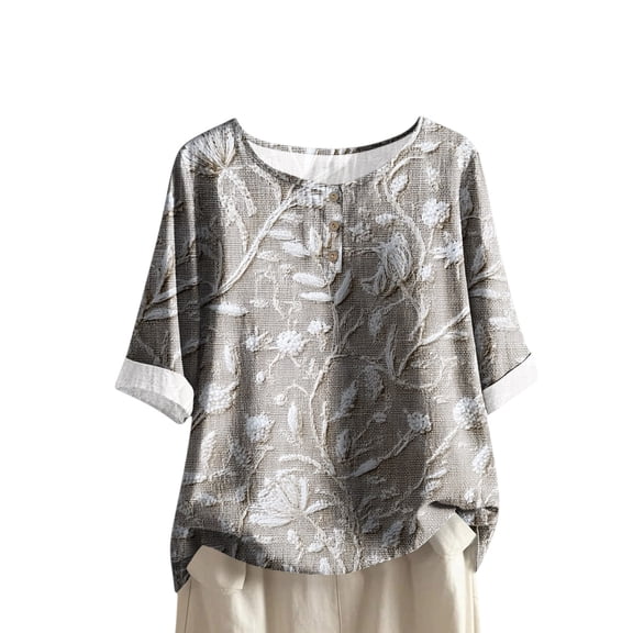 WTOBBY Women's Floral Texture Print Cotton Linen Blouse with Half-Sleeve, Casual Round Neck Fashion Top for Fall Season, Comfortable Apparel,Dark Gray XL