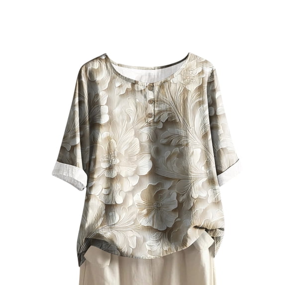 WTOBBY Women's Floral Texture Print Cotton Linen Blouse with Half-Sleeve, Casual Round Neck Fashion Top for Fall Season, Comfortable Apparel,Light Brown XL