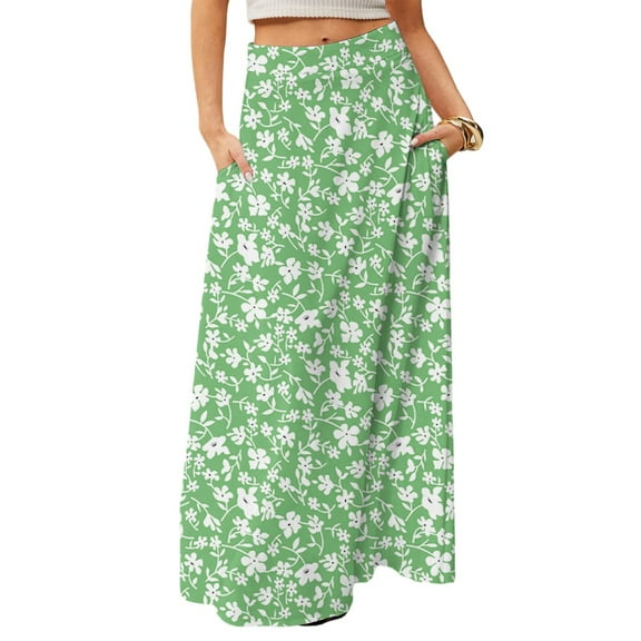WTOBBY Women's Flowy Bohemian Floral Maxi Skirt Casual Summer Beach Long Skirt Elastic Waist Lightweight Tiered Pleated Skirt with Side Slit and Drawstring Closure,Green S