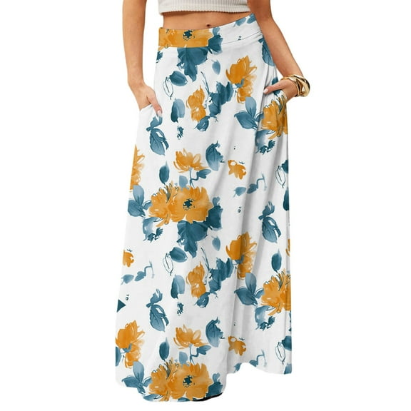 WTOBBY Women's Flowy Bohemian Floral Maxi Skirt Casual Summer Beach Long Skirt Elastic Waist Lightweight Tiered Pleated Skirt with Side Slit and Drawstring Closure,White S