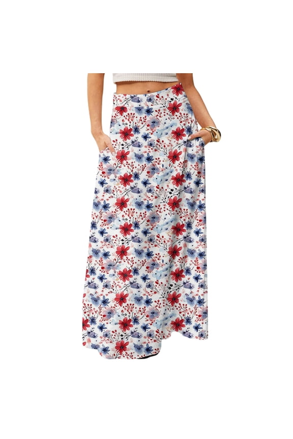 Women's Flowy Bohemian Floral Maxi Skirt Casual Summer Beach Long Skirt Elastic Waist Lightweight Tiered Pleated Skirt with Side Slit and Drawstring Closure,Hot Pink 2XL