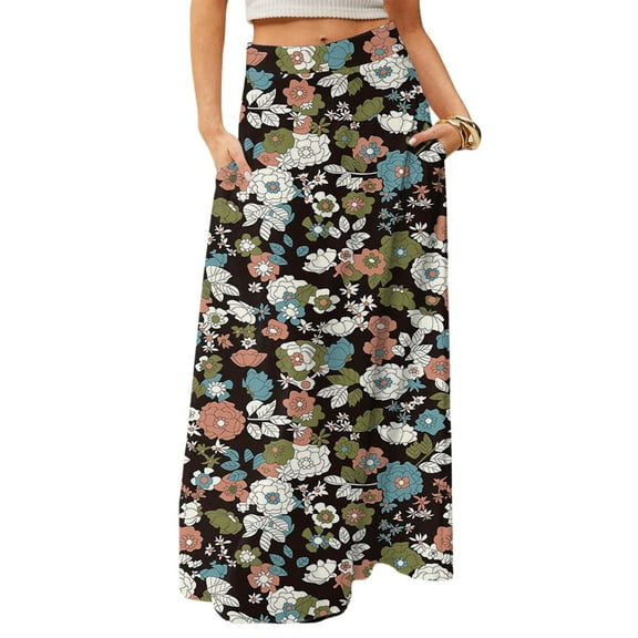 WTOBBY Women's Flowy Bohemian Floral Maxi Skirt Casual Summer Beach Long Skirt Elastic Waist Lightweight Tiered Pleated Skirt with Side Slit and Drawstring Closure,Black S