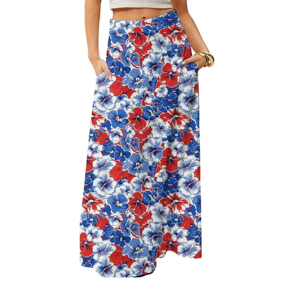WTOBBY Women's Flowy Bohemian Floral Maxi Skirt Casual Summer Beach Long Skirt Elastic Waist Lightweight Tiered Pleated Skirt with Side Slit and Drawstring Closure,Navy S