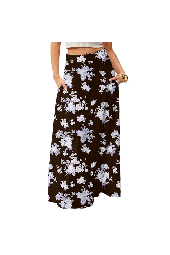 Women's Flowy Bohemian Floral Maxi Skirt Casual Summer Beach Long Skirt Elastic Waist Lightweight Tiered Pleated Skirt with Side Slit and Drawstring Waist,Brown 2XL
