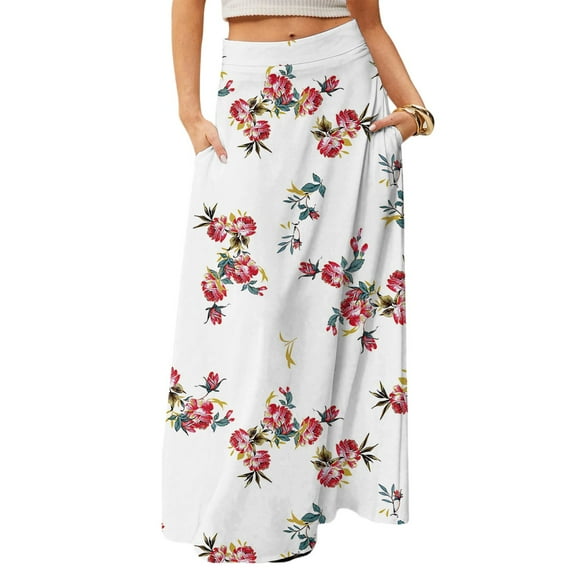 WTOBBY Women's Flowy Bohemian Floral Maxi Skirt Casual Summer Beach Long Skirt Elastic Waist Lightweight Tiered Pleated Skirt with Side Slit and Drawstring Waist,White L