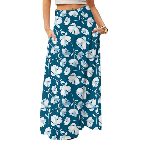WTOBBY Women's Flowy Bohemian Floral Maxi Skirt Casual Summer Beach Long Skirt Elastic Waist Lightweight Tiered Pleated Skirt with Side Slit and Drawstring Waist,Light Blue L