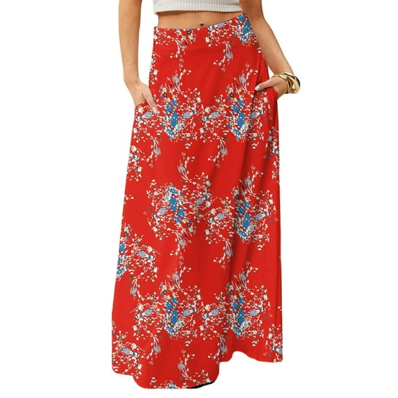 WTOBBY Women's Flowy Bohemian Floral Maxi Skirt Casual Summer Beach Long Skirt Elastic Waist Lightweight Tiered Pleated Skirt with Side Slit and Drawstring Waist,Red L