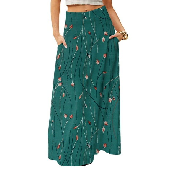 WTOBBY Women's Flowy Bohemian Floral Maxi Skirt Casual Summer Beach Long Skirt Elastic Waist Lightweight Tiered Pleated Skirt with Side Slit and Drawstring Waist,Dark Green L