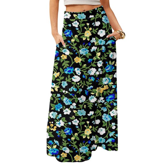 WTOBBY Women's Flowy Floral Print Bohemian Maxi Skirt Casual Summer Beach Long Skirt Elastic Waist Lightweight Tiered Pleated Skirt with Side Slit and Drawstring,Dark Green S