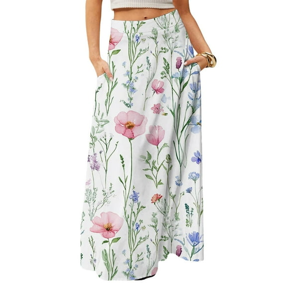 WTOBBY Women's Flowy Floral Print Bohemian Maxi Skirt Casual Summer Beach Long Skirt Elastic Waist Lightweight Tiered Pleated Skirt with Side Slit and Drawstring,Beige L