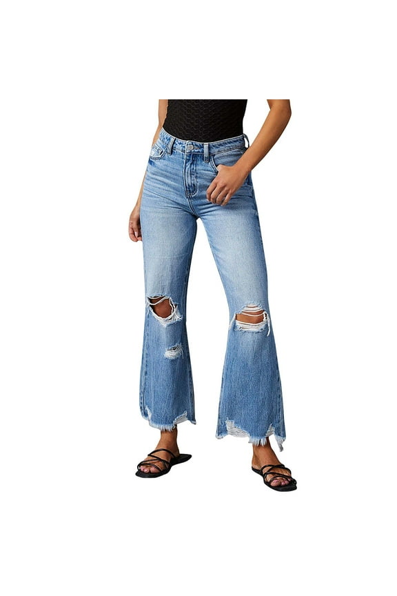 Women's Fringed Washed Ripped Straight Leg Denim Pants, Casual Long Jeans with a Trendy and Relaxed Fit, Comfortable Design with Decorative Fringes,Blue XL