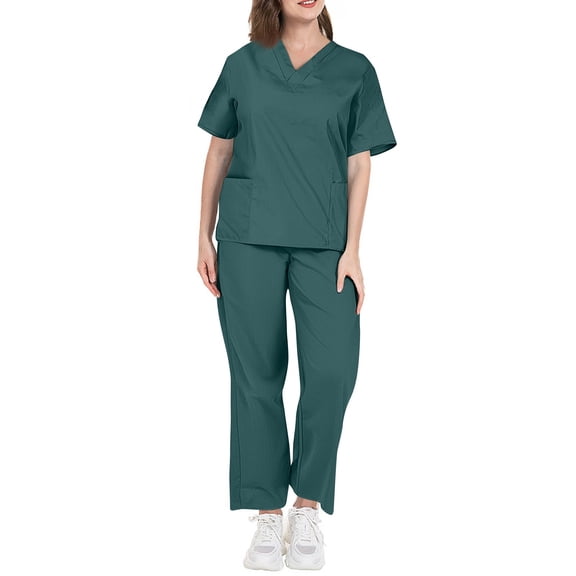 WTOBBY Women's Functional Workwear Set, Short Sleeve Solid Color Top with Pockets & Stretchy Pants, Practical Nursing Uniform,Dark Green S