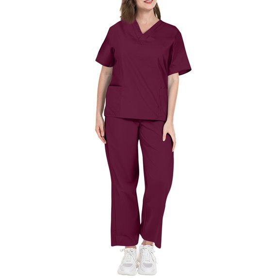 WTOBBY Women's Functional Workwear Set, Short Sleeve Solid Color Top with Pockets & Stretchy Pants, Practical Nursing Uniform,Wine S