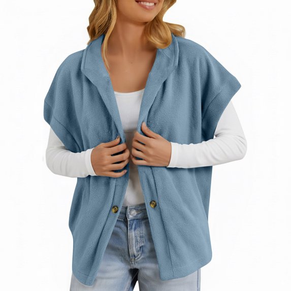 WTOBBY Women's Fuzzy Fleece Vest Casual Oversized Warm Button Down Vest Jacket with Pockets, Soft and Cozy Vest for Relaxed and Comfortable Outfits,Blue S