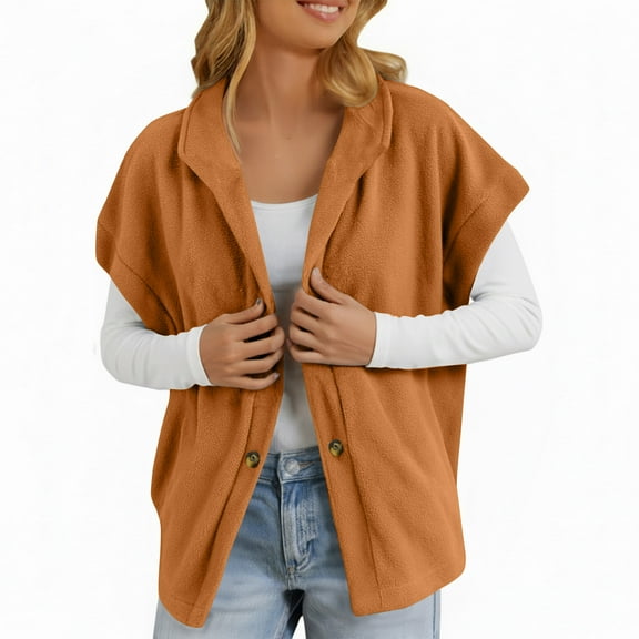 WTOBBY Women's Fuzzy Fleece Vest Casual Oversized Warm Button Down Vest Jacket with Pockets, Soft and Cozy Vest for Relaxed and Comfortable Outfits,Camel S