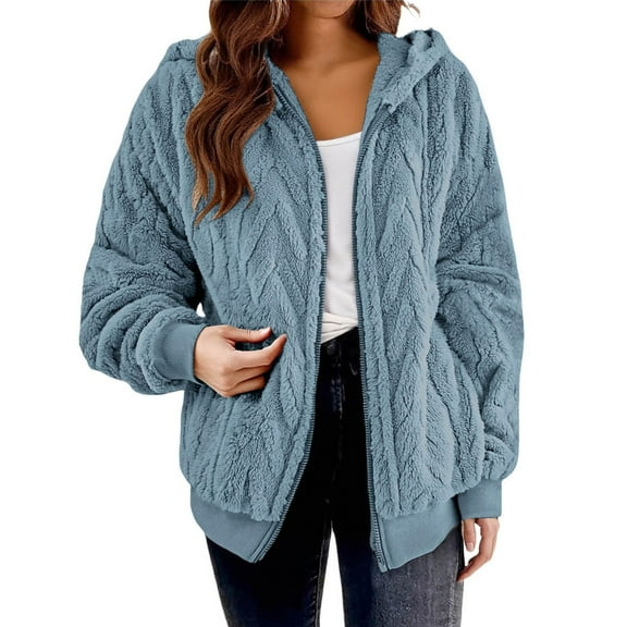 WTOBBY Women's Fuzzy Zip Up Hoodie with Oversized Fit, Soft Fleece Pullover Sweatshirt for Winter, Warm and Cozy Jacket,Blue L