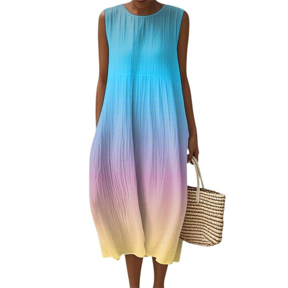 WTOBBY Women's Gradient Color Fashion Casual Round Neck Sleeveless Elegant Temperament Dress with Pleated Skirt for Special Occasions and Galas,Light BlueS