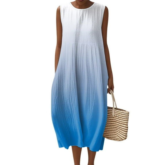 WTOBBY Women's Gradient Color Fashion Casual Round Neck Sleeveless Elegant Temperament Dress with Pleated Skirt for Special Occasions and Galas,BlueL