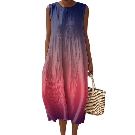 WTOBBY Women's Gradient Color Fashion Casual Round Neck Sleeveless Elegant Temperament Dress with Pleated Skirt for Special Occasions and Galas,RedS