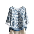 thumbnail image 1 of WTOBBY Women's Gradient Color Floral Print Cotton Linen Top with 3/4 Sleeve, Casual Round Neck Blouse for Fall Season, Comfortable Fashion Apparel,Light Blue XL, 1 of 4