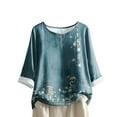 thumbnail image 1 of WTOBBY Women's Gradient Color Floral Print Cotton Linen Top with 3/4 Sleeve, Casual Round Neck Blouse for Fall Season, Comfortable Fashion Apparel,Turquoise XL, 1 of 4