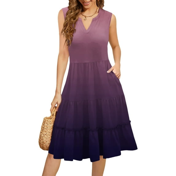 WTOBBY Women's Gradient Color Summer V-Neck Casual Dress Sleeveless Pleated Ruffle Hem Dress with Side Pockets for Sightseeing and Vacations,PurpleM