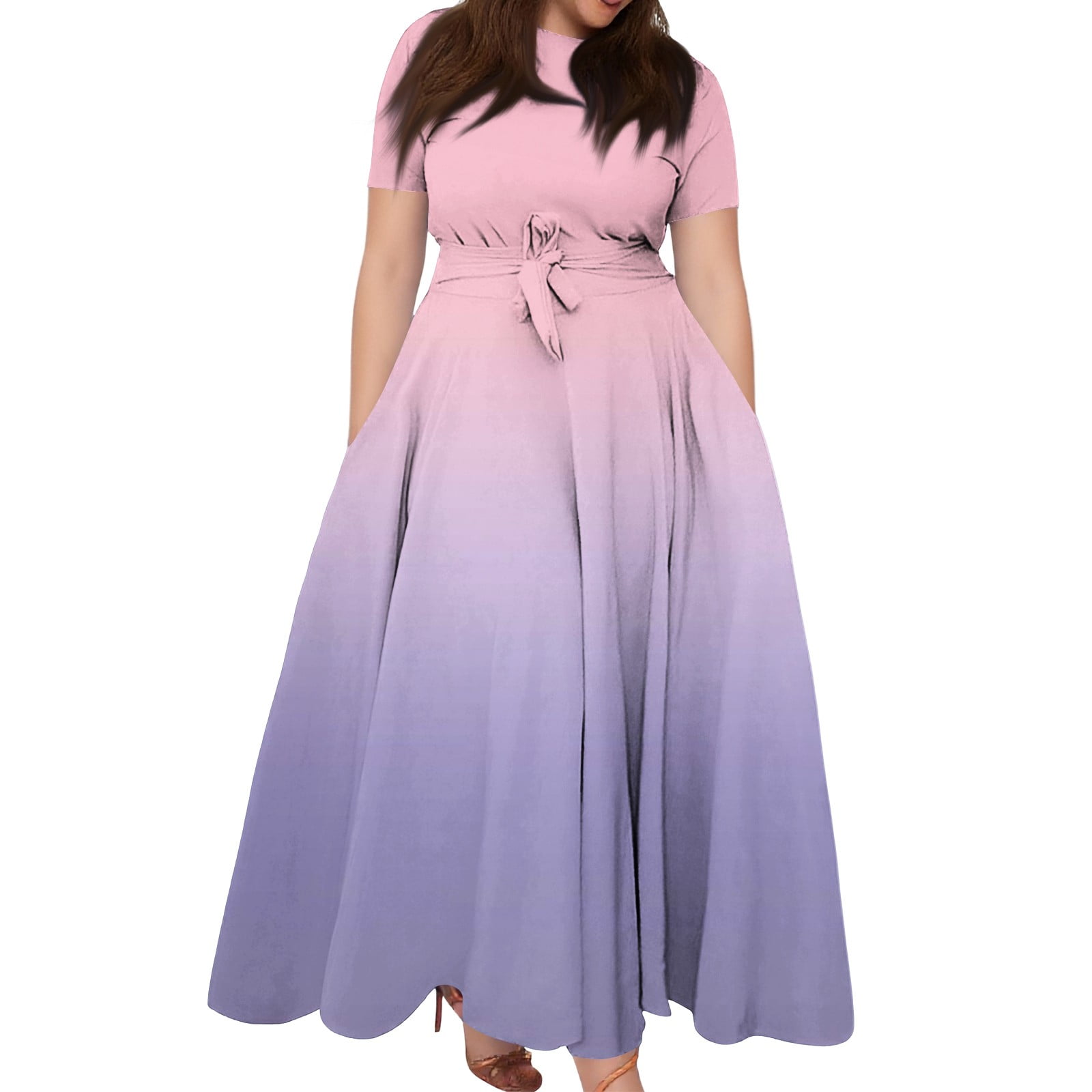 WTOBBY Women's Gradient Print Dress, Plus Size Fashion Short Sleeve Round  Neck Pocket Tie-Waist Swing Maxi for Beach Events Sunset Parties and  Vacations,Light Purple XL - Walmart.com